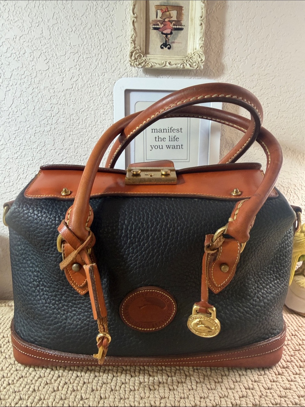 Vintage USA Dooney & Bourke AWL Doctor Satchel Black British Tan Pebbled Handbag
